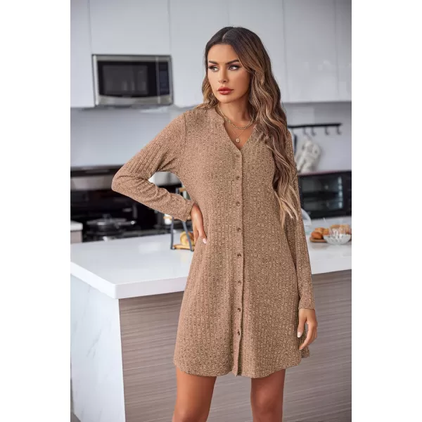 Ekouaer Nightgowns for Women Button Down Night Shirt Long Sleeve Ribbed Knit VNeck Sleepwear Pajama DressBrown