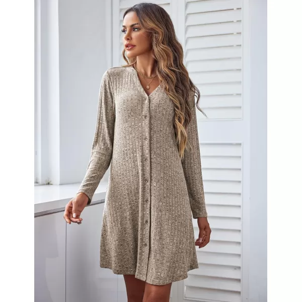 Ekouaer Nightgowns for Women Button Down Night Shirt Long Sleeve Ribbed Knit VNeck Sleepwear Pajama DressCamel