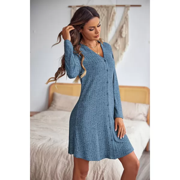 Ekouaer Nightgowns for Women Button Down Night Shirt Long Sleeve Ribbed Knit VNeck Sleepwear Pajama DressDark Blue
