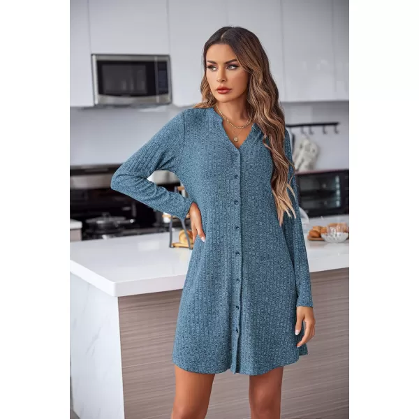 Ekouaer Nightgowns for Women Button Down Night Shirt Long Sleeve Ribbed Knit VNeck Sleepwear Pajama DressDark Blue