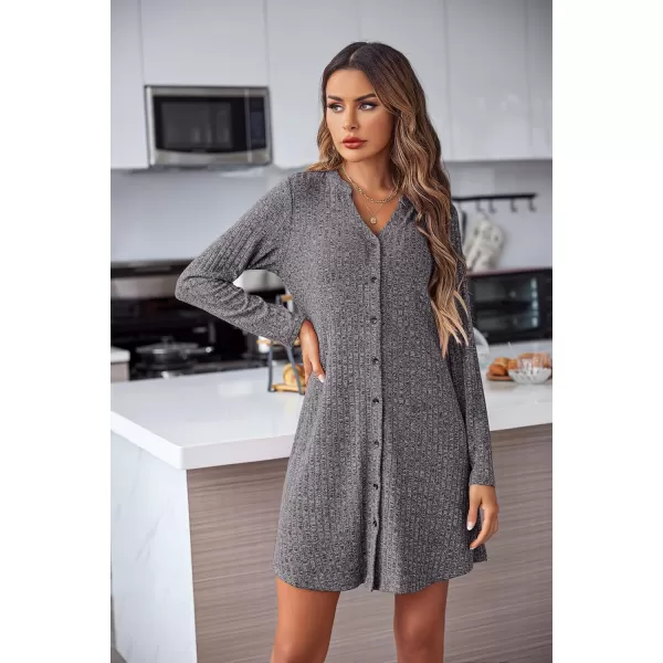 Ekouaer Nightgowns for Women Button Down Night Shirt Long Sleeve Ribbed Knit VNeck Sleepwear Pajama DressDark Grey