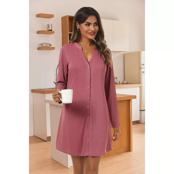 Ekouaer Nightgowns for Women Button Down Night Shirt Long Sleeve Ribbed Knit VNeck Sleepwear Pajama DressDark Pink