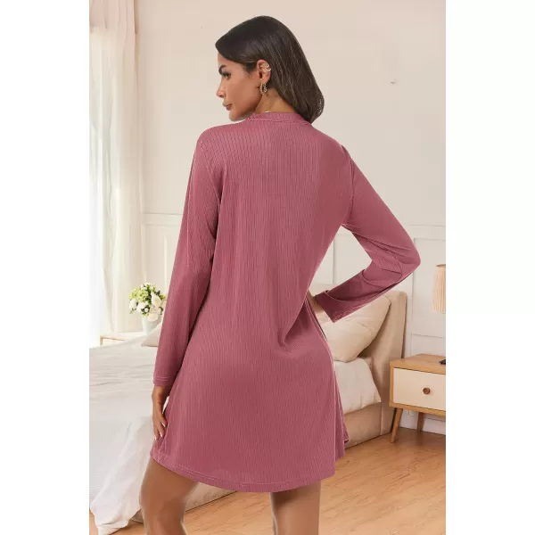 Ekouaer Nightgowns for Women Button Down Night Shirt Long Sleeve Ribbed Knit VNeck Sleepwear Pajama DressDark Pink