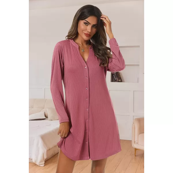 Ekouaer Nightgowns for Women Button Down Night Shirt Long Sleeve Ribbed Knit VNeck Sleepwear Pajama DressDark Pink