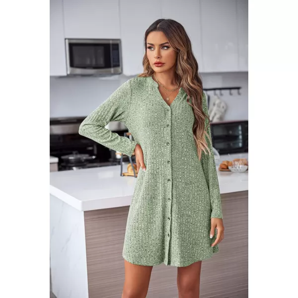 Ekouaer Nightgowns for Women Button Down Night Shirt Long Sleeve Ribbed Knit VNeck Sleepwear Pajama DressGreen