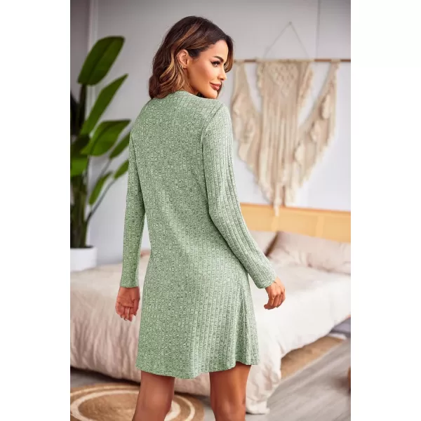 Ekouaer Nightgowns for Women Button Down Night Shirt Long Sleeve Ribbed Knit VNeck Sleepwear Pajama DressGreen