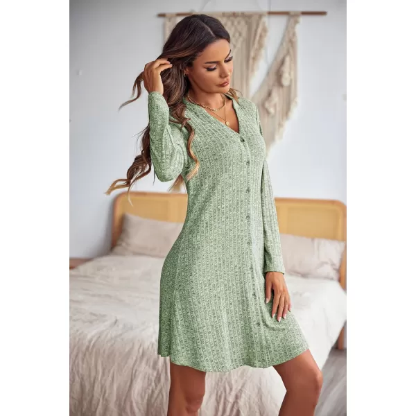 Ekouaer Nightgowns for Women Button Down Night Shirt Long Sleeve Ribbed Knit VNeck Sleepwear Pajama DressGreen