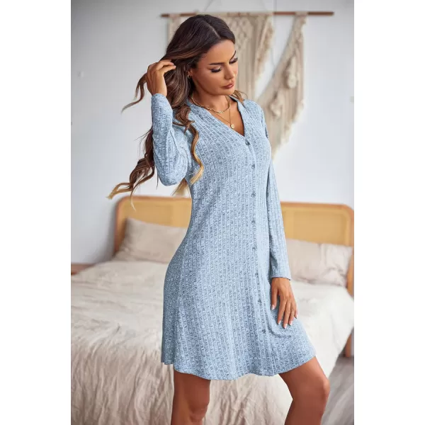 Ekouaer Nightgowns for Women Button Down Night Shirt Long Sleeve Ribbed Knit VNeck Sleepwear Pajama DressLight Blue
