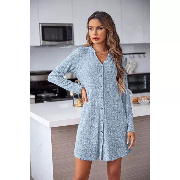 Ekouaer Nightgowns for Women Button Down Night Shirt Long Sleeve Ribbed Knit VNeck Sleepwear Pajama DressLight Blue
