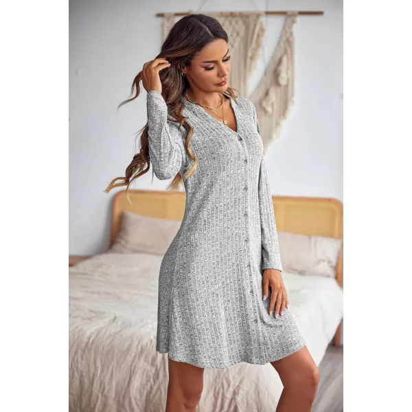 Ekouaer Nightgowns for Women Button Down Night Shirt Long Sleeve Ribbed Knit VNeck Sleepwear Pajama DressLight Grey