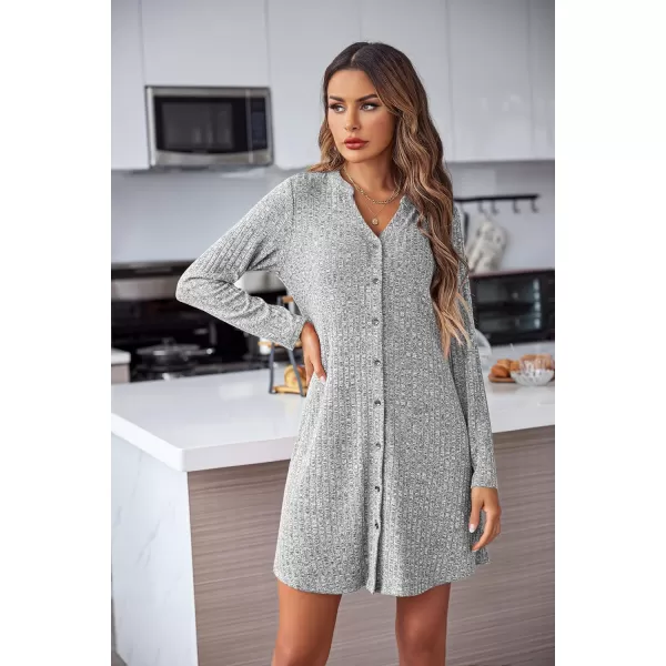 Ekouaer Nightgowns for Women Button Down Night Shirt Long Sleeve Ribbed Knit VNeck Sleepwear Pajama DressLight Grey