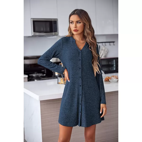 Ekouaer Nightgowns for Women Button Down Night Shirt Long Sleeve Ribbed Knit VNeck Sleepwear Pajama DressNavy