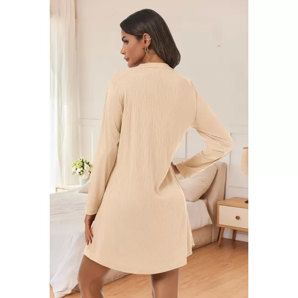 Ekouaer Nightgowns for Women Button Down Night Shirt Long Sleeve Ribbed Knit VNeck Sleepwear Pajama DressNude