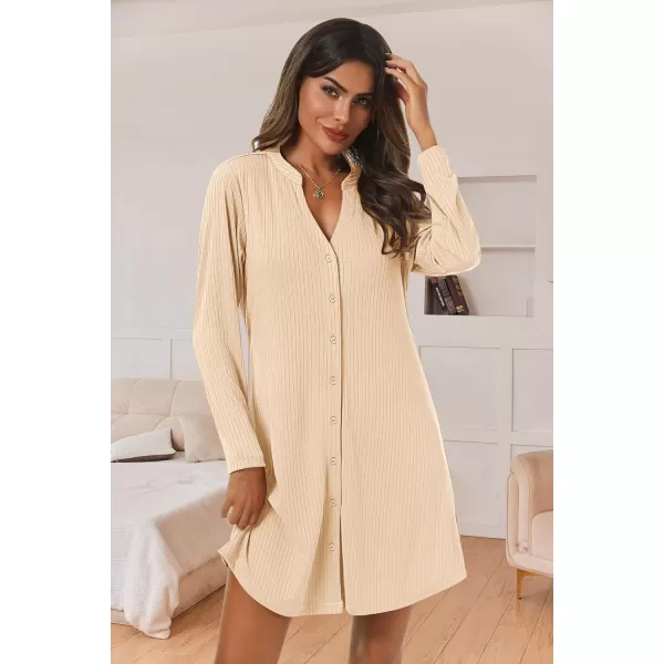 Ekouaer Nightgowns for Women Button Down Night Shirt Long Sleeve Ribbed Knit VNeck Sleepwear Pajama DressNude
