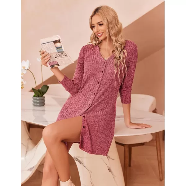 Ekouaer Nightgowns for Women Button Down Night Shirt Long Sleeve Ribbed Knit VNeck Sleepwear Pajama DressWine Red