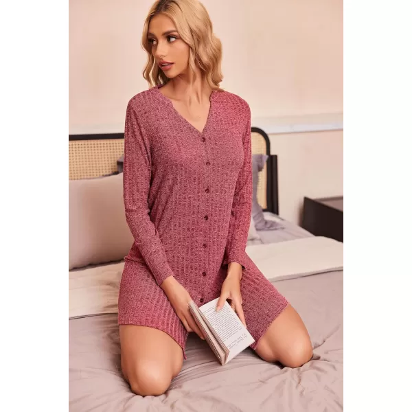 Ekouaer Nightgowns for Women Button Down Night Shirt Long Sleeve Ribbed Knit VNeck Sleepwear Pajama DressWine Red