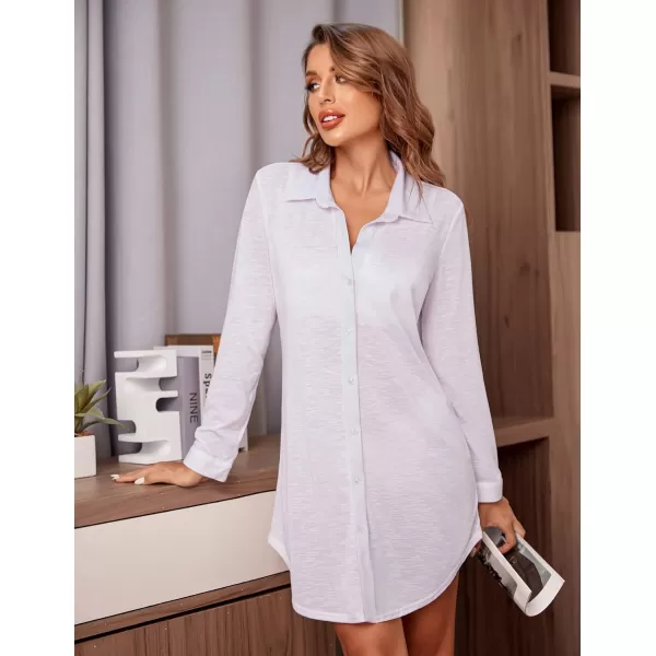 Ekouaer Women Sexy Sleepshirts Button Down Long Sleeve Nightgowns Boyfriend Loose Swimsuit Coverup1white