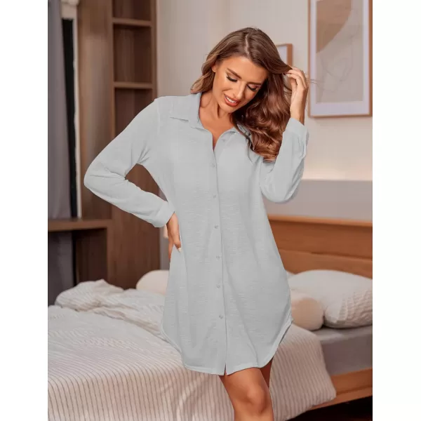 Ekouaer Women Sexy Sleepshirts Button Down Long Sleeve Nightgowns Boyfriend Loose Swimsuit CoverupLight Grey