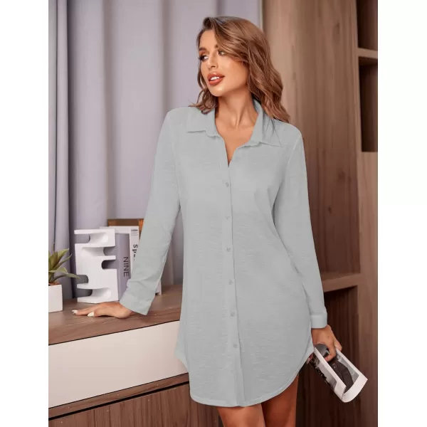 Ekouaer Women Sexy Sleepshirts Button Down Long Sleeve Nightgowns Boyfriend Loose Swimsuit CoverupLight Grey