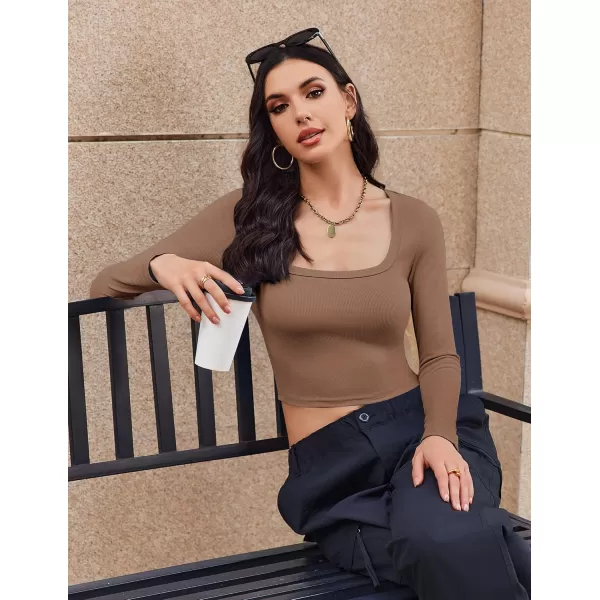 Ekouaer Womens 3 Pack Long Sleeve Crop Tops Square Neck Ribbed Slim Fitted Base Layer Basic Shirt Thermal Undershirts XSXXLBlackBeigeBrown