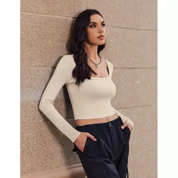Ekouaer Womens 3 Pack Long Sleeve Crop Tops Square Neck Ribbed Slim Fitted Base Layer Basic Shirt Thermal Undershirts XSXXLBlackBeigeDark Grey