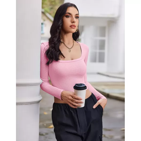 Ekouaer Womens 3 Pack Long Sleeve Crop Tops Square Neck Ribbed Slim Fitted Base Layer Basic Shirt Thermal Undershirts XSXXLBlackWhitePink
