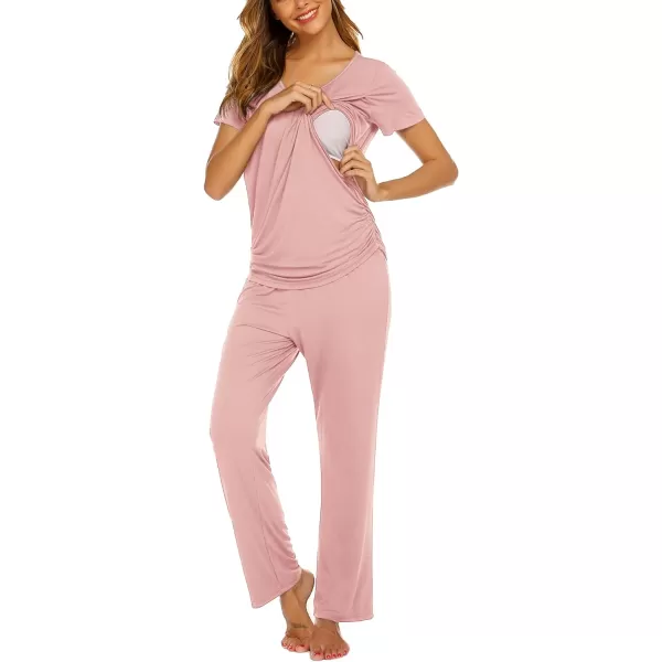 Ekouaer Womens Maternity Nursing Pajama Set Breastfeeding Sleepwear Set Double Layer Short Sleeve Top amp Pants Pregnancy PJSA Dirty Pink