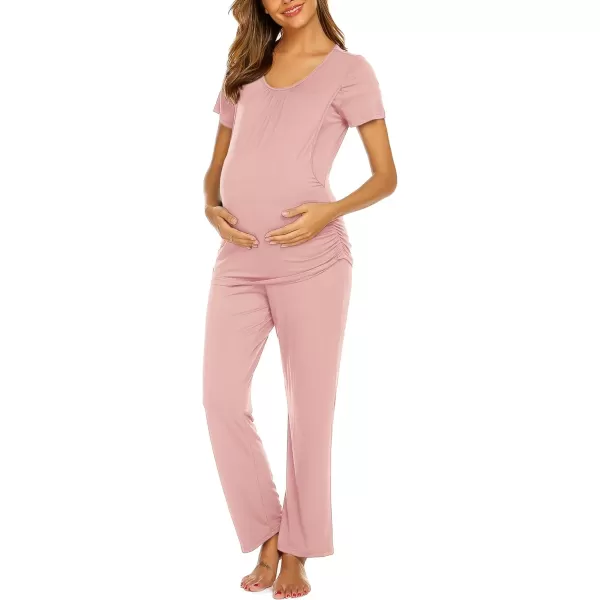 Ekouaer Womens Maternity Nursing Pajama Set Breastfeeding Sleepwear Set Double Layer Short Sleeve Top amp Pants Pregnancy PJSA Dirty Pink