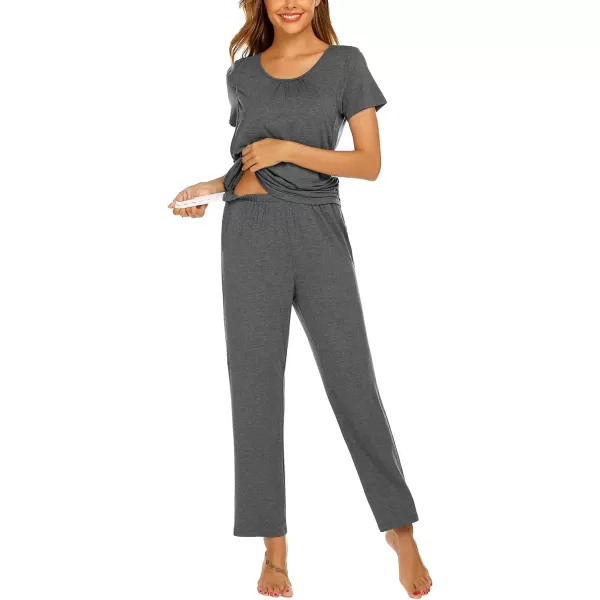 Ekouaer Womens Maternity Nursing Pajama Set Breastfeeding Sleepwear Set Double Layer Short Sleeve Top amp Pants Pregnancy PJSAdark Grey