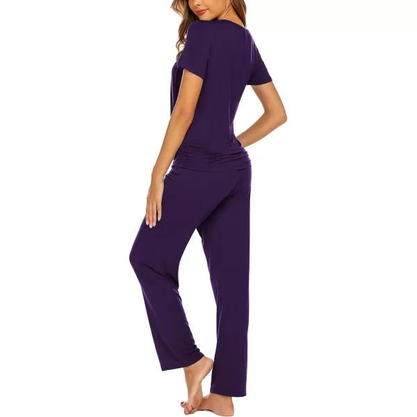 Ekouaer Womens Maternity Nursing Pajama Set Breastfeeding Sleepwear Set Double Layer Short Sleeve Top amp Pants Pregnancy PJSAdark Purple