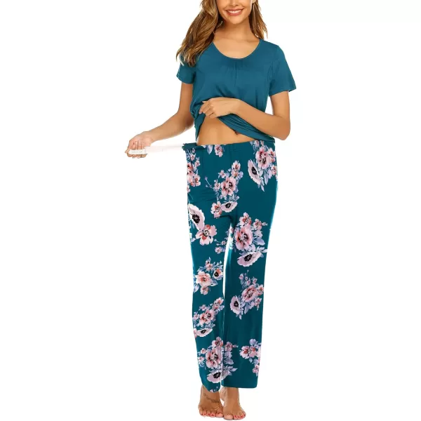 Ekouaer Womens Maternity Nursing Pajama Set Breastfeeding Sleepwear Set Double Layer Short Sleeve Top amp Pants Pregnancy PJSAfloral Teal