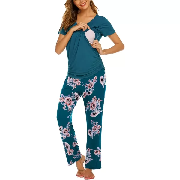 Ekouaer Womens Maternity Nursing Pajama Set Breastfeeding Sleepwear Set Double Layer Short Sleeve Top amp Pants Pregnancy PJSAfloral Teal