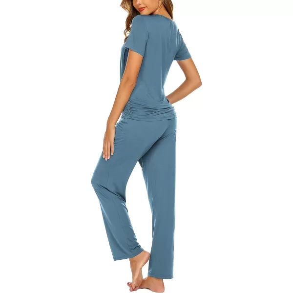 Ekouaer Womens Maternity Nursing Pajama Set Breastfeeding Sleepwear Set Double Layer Short Sleeve Top amp Pants Pregnancy PJSAgrey Blue