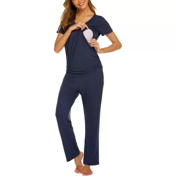 Ekouaer Womens Maternity Nursing Pajama Set Breastfeeding Sleepwear Set Double Layer Short Sleeve Top amp Pants Pregnancy PJSAnavy Blue