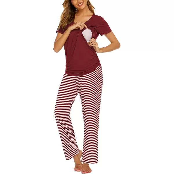 Ekouaer Womens Maternity Nursing Pajama Set Breastfeeding Sleepwear Set Double Layer Short Sleeve Top amp Pants Pregnancy PJSAwine Red Stripe