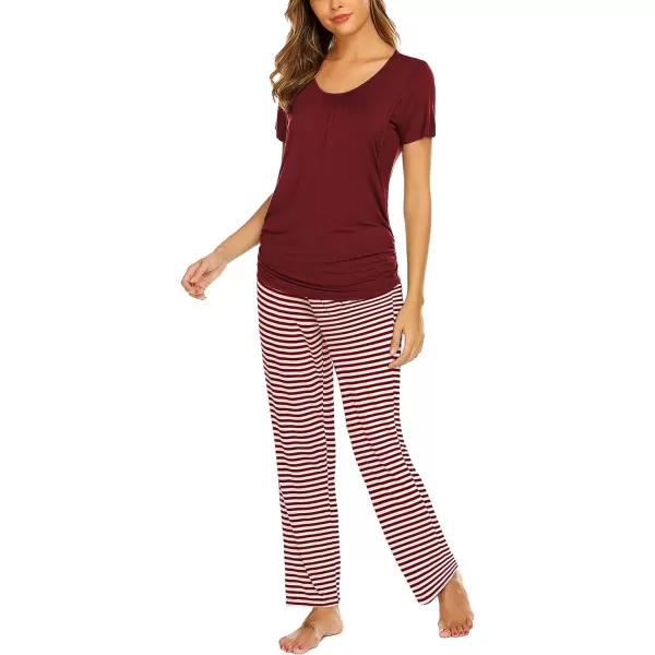 Ekouaer Womens Maternity Nursing Pajama Set Breastfeeding Sleepwear Set Double Layer Short Sleeve Top amp Pants Pregnancy PJSAwine Red Stripe