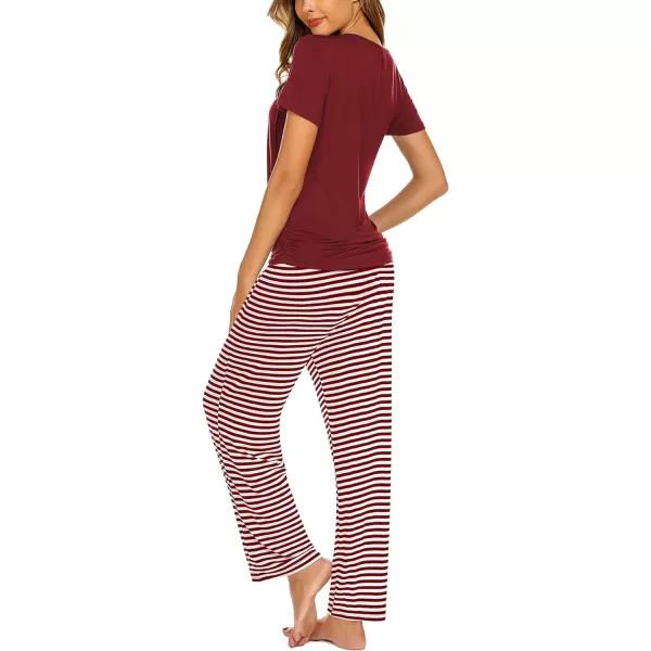 Ekouaer Womens Maternity Nursing Pajama Set Breastfeeding Sleepwear Set Double Layer Short Sleeve Top amp Pants Pregnancy PJSAwine Red Stripe