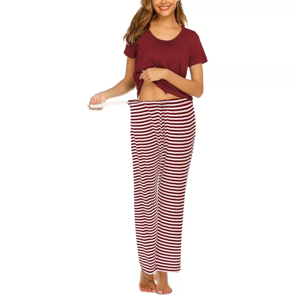 Ekouaer Womens Maternity Nursing Pajama Set Breastfeeding Sleepwear Set Double Layer Short Sleeve Top amp Pants Pregnancy PJSAwine Red Stripe