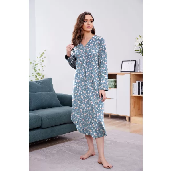 Ekouaer Womens Nightgown Long Sleeve Nightshirt FullLength Sleep Dress Soft VNeck Sleepwear LoungewearBluered Flowers