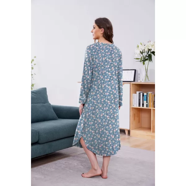 Ekouaer Womens Nightgown Long Sleeve Nightshirt FullLength Sleep Dress Soft VNeck Sleepwear LoungewearBluered Flowers