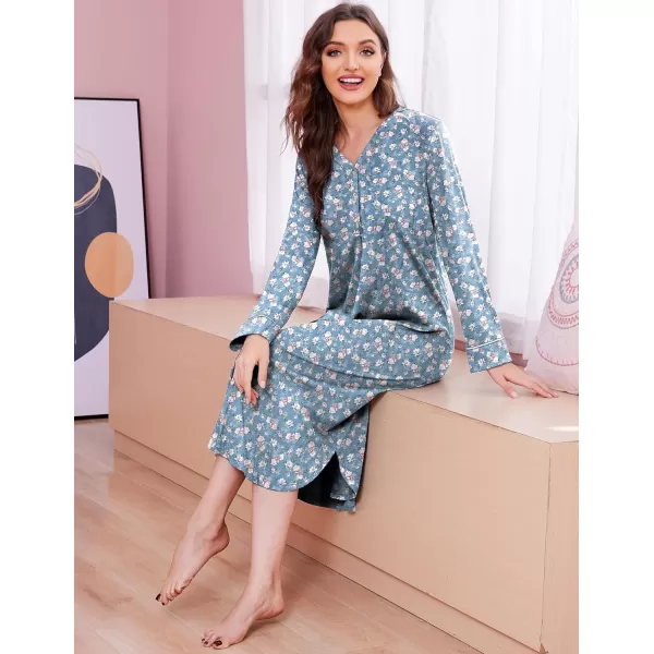 Ekouaer Womens Nightgown Long Sleeve Nightshirt FullLength Sleep Dress Soft VNeck Sleepwear LoungewearBluered Flowers