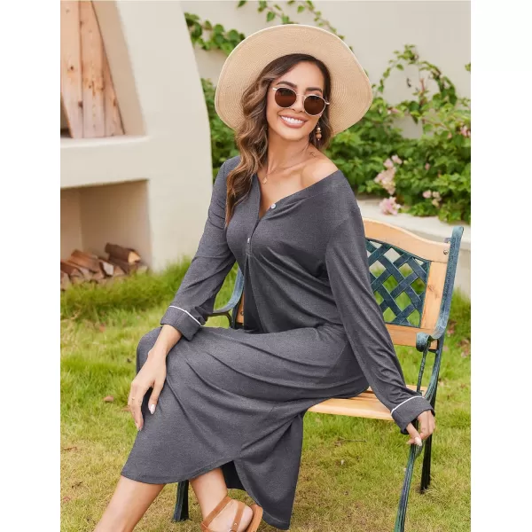 Ekouaer Womens Nightgown Long Sleeve Nightshirt FullLength Sleep Dress Soft VNeck Sleepwear LoungewearGray