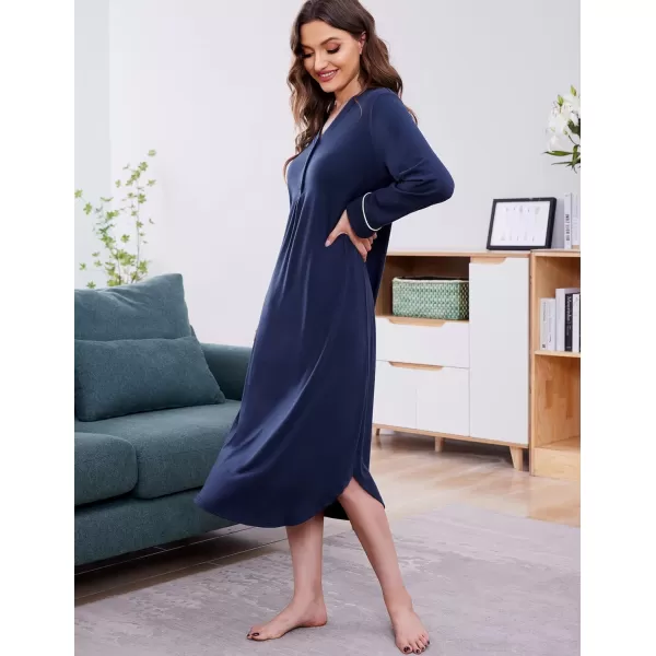 Ekouaer Womens Nightgown Long Sleeve Nightshirt FullLength Sleep Dress Soft VNeck Sleepwear LoungewearNavy Blue