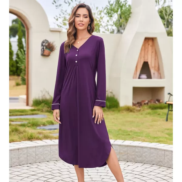 Ekouaer Womens Nightgown Long Sleeve Nightshirt FullLength Sleep Dress Soft VNeck Sleepwear LoungewearPurple