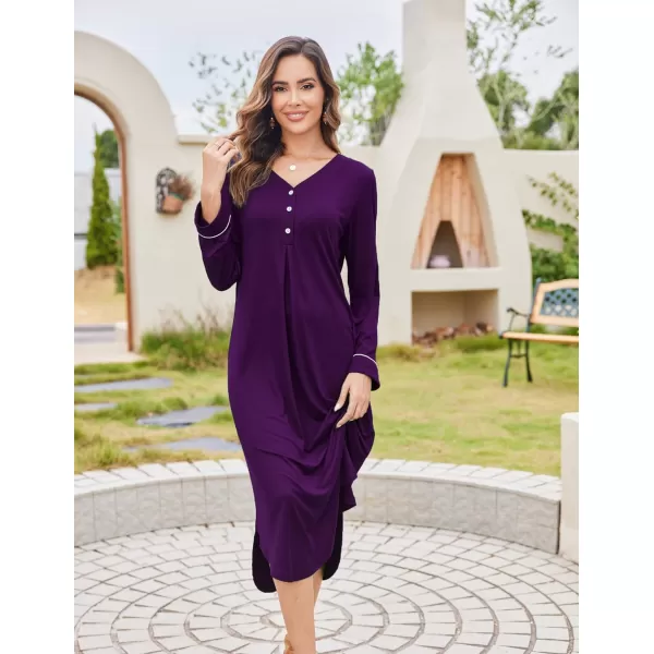 Ekouaer Womens Nightgown Long Sleeve Nightshirt FullLength Sleep Dress Soft VNeck Sleepwear LoungewearPurple