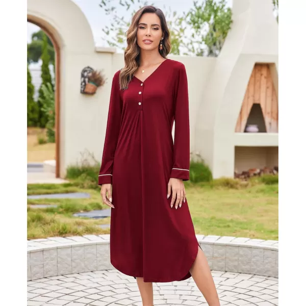 Ekouaer Womens Nightgown Long Sleeve Nightshirt FullLength Sleep Dress Soft VNeck Sleepwear LoungewearRed