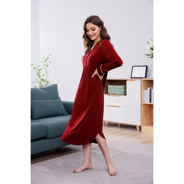 Ekouaer Womens Nightgown Long Sleeve Nightshirt FullLength Sleep Dress Soft VNeck Sleepwear LoungewearRed