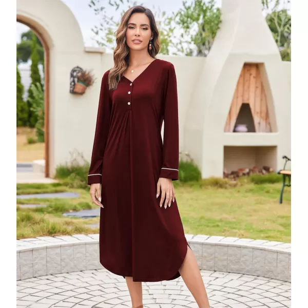 Ekouaer Womens Nightgown Long Sleeve Nightshirt FullLength Sleep Dress Soft VNeck Sleepwear LoungewearWine Red