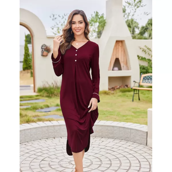 Ekouaer Womens Nightgown Long Sleeve Nightshirt FullLength Sleep Dress Soft VNeck Sleepwear LoungewearWine Red