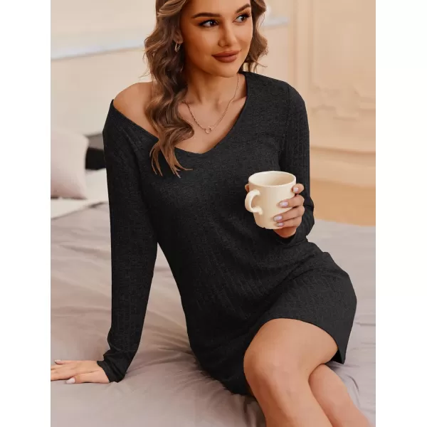 Ekouaer Womens Nightgown Long Sleeve Rib Knit Pajama Dress V Neck Soft Loungewear Sleepwear SXXLBlack